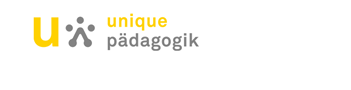 Logo von Unique Pädagogik mit gelbem ‚U‘, grauem Symbol und Schriftzug ‚unique pädagogik‘ in gelb und grau